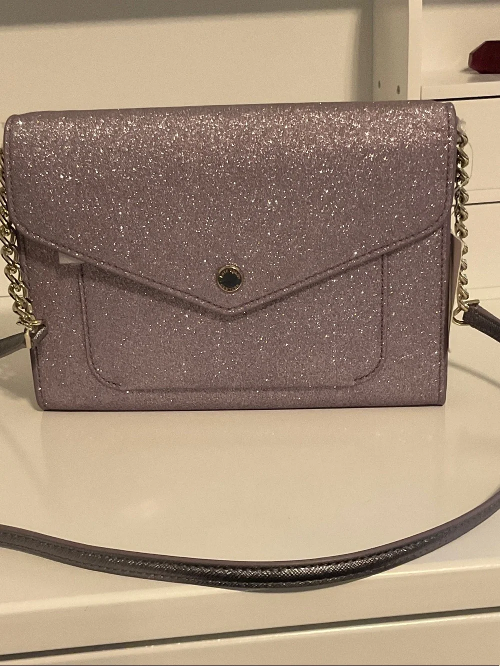 kate spade Lavender Glitter Envelope Crossbody with Chain Strap